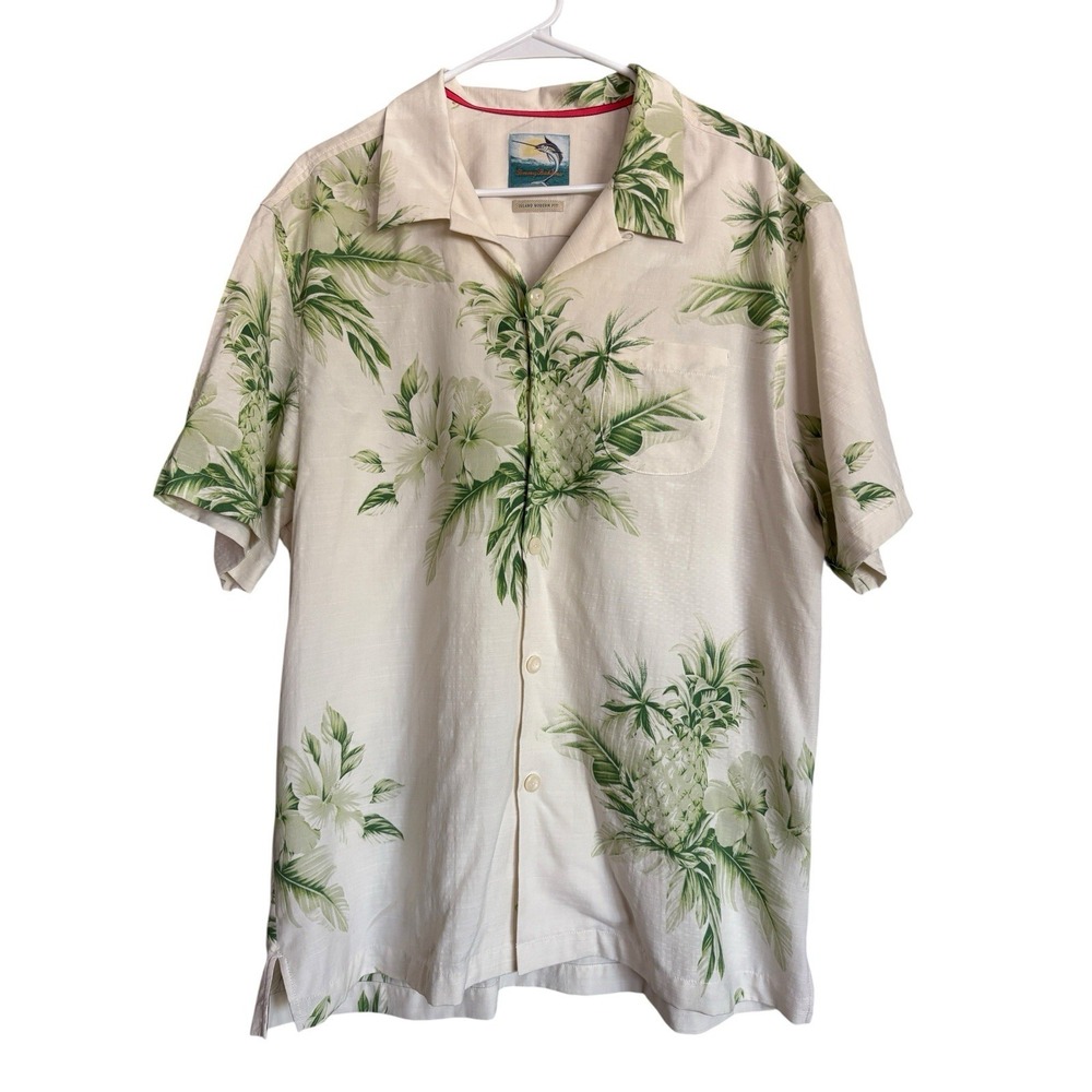 Tommy Bahama Silk Shirt Mens XL Hawaiian‎ Palm Tree Flower Print Button Up Camp